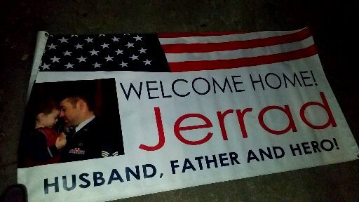 Welcome Home banner for Jerrad, husband, father and hero